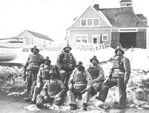 Crew of the Wallis Sands, NH Life-Saving Station in "storm suits" with cork life vests (no date) Courtesy USCG